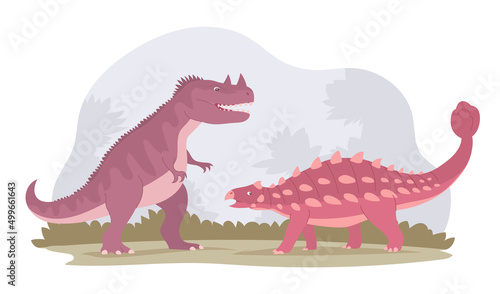 Fight of two dinosaurs. Predatory ceratosaurus against herbivorous ankylosaurus. Extinct animals of the Jurassic period. Ancient lizards. Vector cartoon illustration