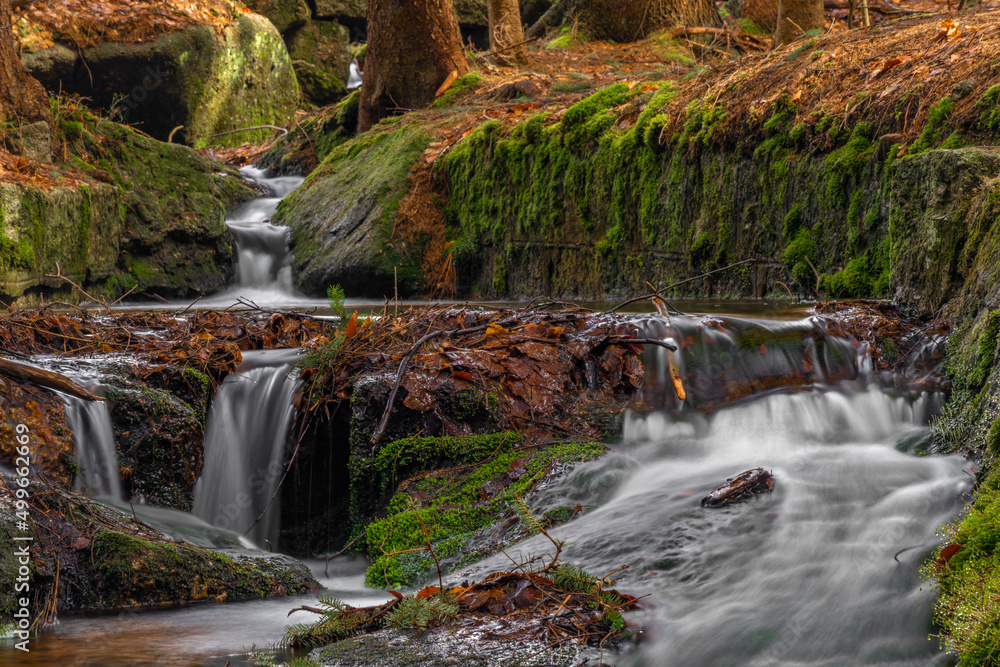 Cerveny creek with Cerveny waterfall in Jizerske mountains in spring morning Cerveny creek with Cerveny waterfall in Jizerske mountains in spring morning
