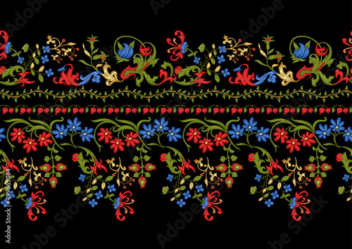 Floral vintage border line seamless pattern. Medieval illuminati manuscript inspiration. Design for wrapping paper, wallpaper, fabrics and fashion clothes. Vector illustration.