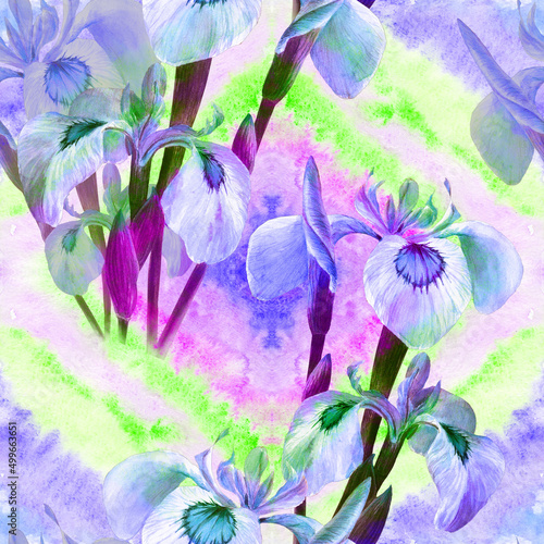 Fototapeta Naklejka Na Ścianę i Meble -  Iris. Seamless pattern. Decorative composition - flowers and buds of irises on the background of watercolor. Use printed materials, signs, items, websites, maps, posters, postcards, packaging.