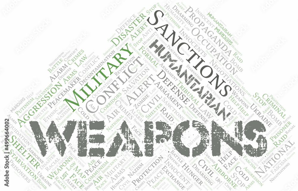 Weapons word cloud. Vector made with the text only.