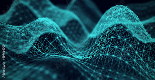 Low poly shape with connecting dots and lines on dark purple background. Abstract polygonal space, dark background with connecting dots and lines. 3d rendering. Big data visualization.