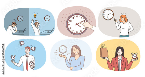 Set of diverse people relations with time. Collection of men and women follow timeline in life or at workplace. Time management and good habit. Flat vector illustration. 