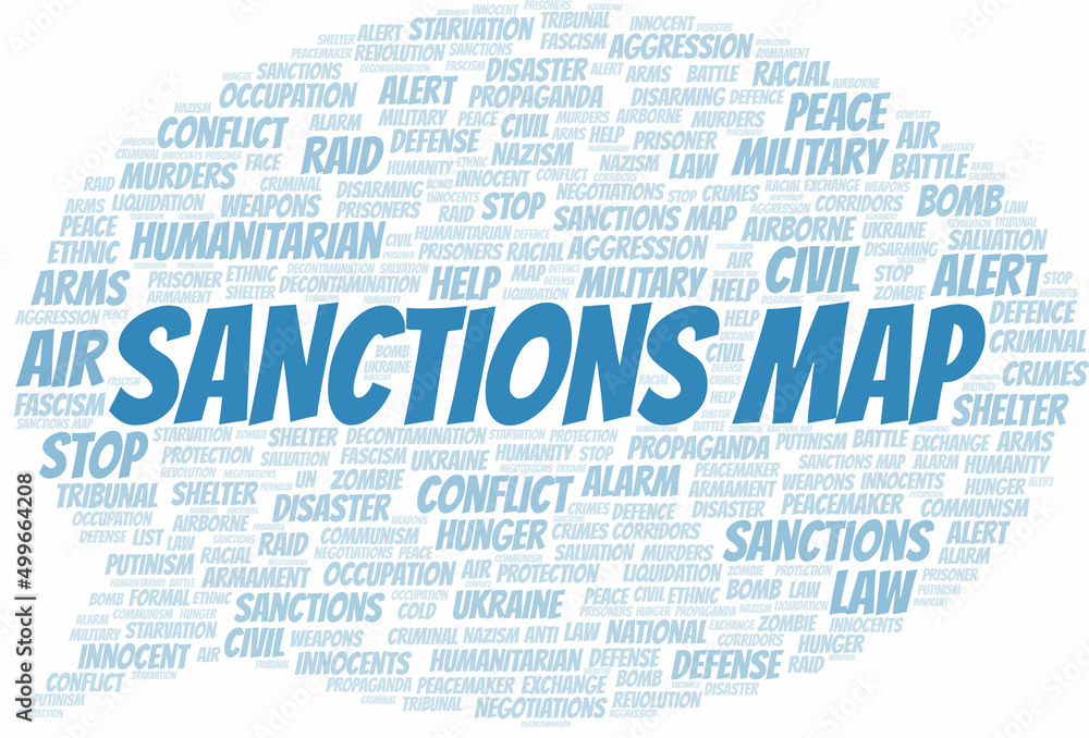 Obraz premium Sanctions Map word cloud. Vector made with the text only.