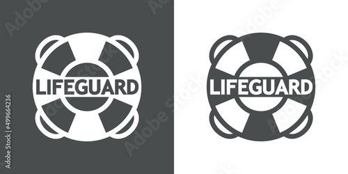 Logotipo salvamento. Icono plano silueta de anillo salvavidas con texto Lifeguard en fondo gris y fondo blanco photo