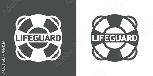 Logotipo salvamento. Icono plano silueta de anillo salvavidas con texto Lifeguard en fondo gris y fondo blanco