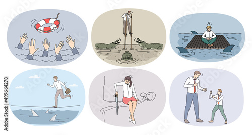 Set of diverse businesspeople in risky situations. Collection of employees or workers risk involved in challenging projects or startups. Business problems concept. Vector illustration. 
