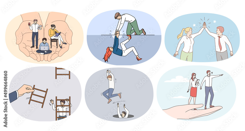 Fototapeta premium Set of diverse people in different life situations help each other. Collection of colleague or coworkers give helping hand to close. Teamwork and support. Cooperation. Vector illustration. 