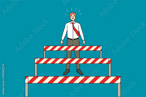 Businessman stand overcome obstacles on way to career or work success. Motivated happy man employee pass barriers to achievement. Challenge and accomplishment. Vector illustration. 
