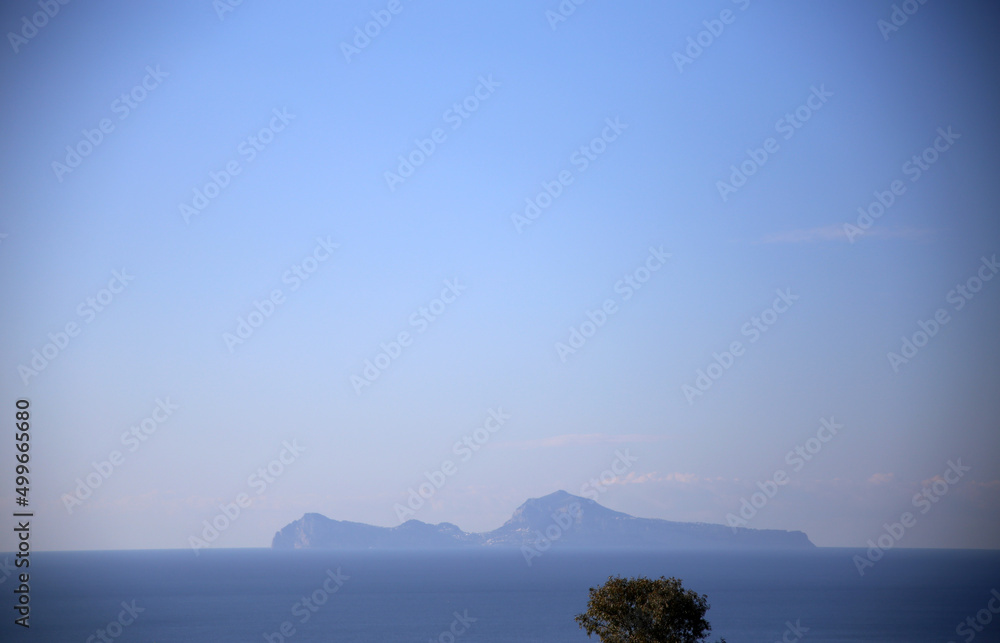 Backlit on the horizon of the blue sea, against a clear sky, the profile of the island of Capri, seen from the coast, with a tree, Campania, Italy 