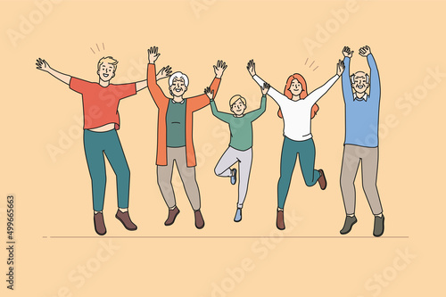 Overjoyed three generations of family have fun jump and laugh together. Smiling kids, parents and grandparents celebrate success feel joyful and excited. Flat vector illustration. 