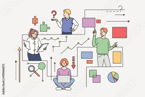 Diverse people connected in network looking for information or problem solution. Men and women employees cooperate for issue or trouble solving. Teamwork. Vector illustration. 