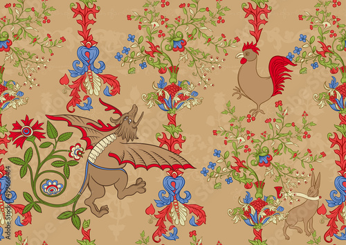 Floral and animals vintage seamless pattern. Medieval illuminati manuscript inspiration. Design for wrapping paper, wallpaper, fabrics and fashion clothes. Vector illustration.