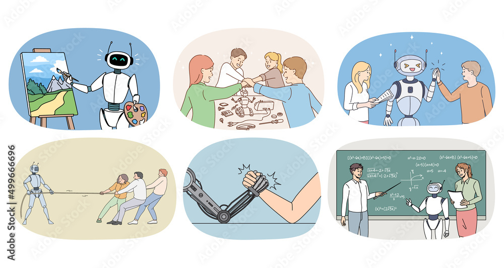 Collection of digital robot assistant in daily life of people. Set of ...