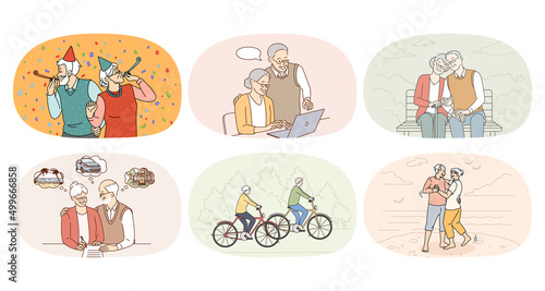 Set of overjoyed energetic grandparents have fun relax together. Collection of happy old people enjoy active maturity and pension. Elderly lifestyle and retirement. Flat vector illustration. 