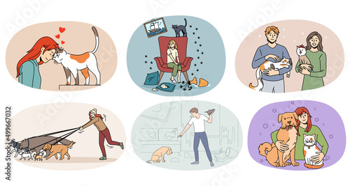 Set of diverse people with domestic animals show love and care. Collection of men and women with cats and dogs. Pets and little friends concept. Flat vector illustration. 