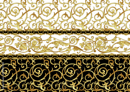 Seamless pattern, background In baroque, rococo, victorian, renaissance style. Trendy frolar vintage pattern. In gold and black vector illustration