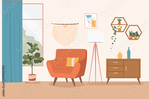 Living room interior. Trendy scandinavian hygge living room interiors. Vector flat cartoon illustration