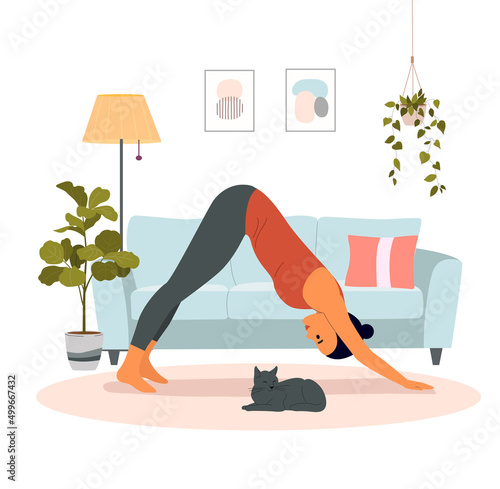 Fitness young woman in downward facing dog yoga pose in the living room. Vector cartoon flat style illustration