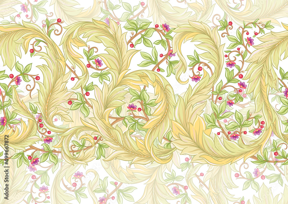 Decorative flowers and leaves in art nouveau style, vintage, old, retro style. Seamless pattern, background. Vector illustration.