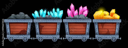 Mine cart vector set, diamond wagon kit, golden nuggets carriage, old coal game trolley illustration. Mountain industry equipment, iron wheel mining transportation, crystal stone. Mine cart clipart