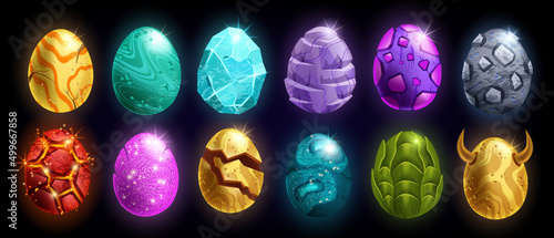 Dragon egg game icon set, UI alien space rock fairy easter collection, vector cartoon magic dino stone kit. Fire lava glossy dinosaur sphere, purple glitter marble ball. Fantastic dragon egg