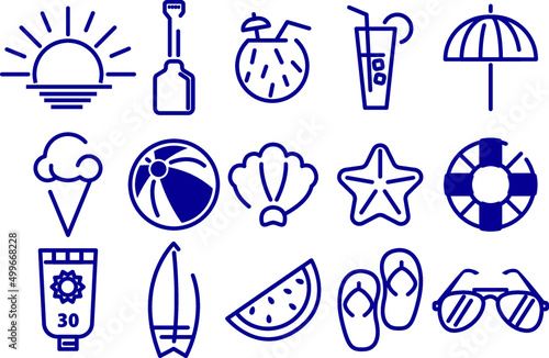 set de iconos minimalistas color azul trazos iconos de playa, elementos de playa verano signos verano, iconos elegantes