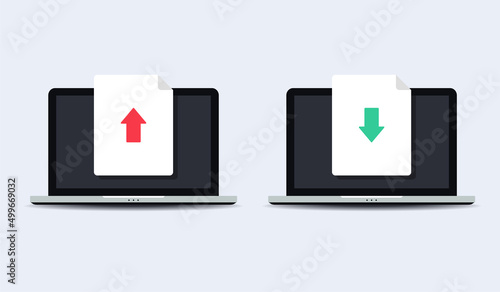 Document upload download on laptop screen. Vector illustration