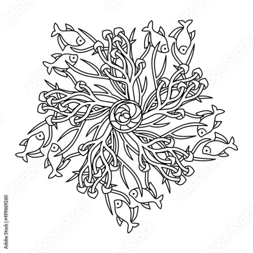 Sea mandala, coloring book for adult. Stylized algae and fish. Pentagonal Hand-drawn Vector Illustration