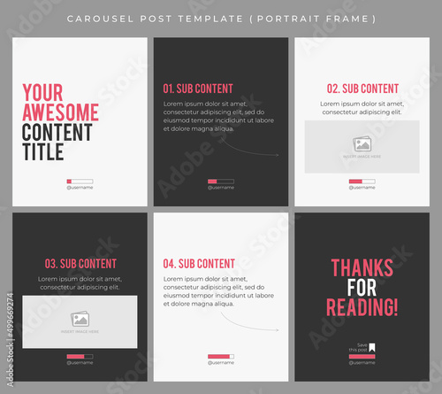 Carousel post template for social media. Microblog style, six page, portrait frame, modern simple minimalist style with hot pink and black color theme.