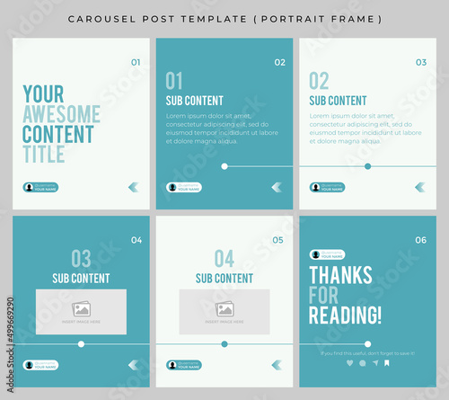 Carousel post template for social media. Microblog style, six page, portrait frame, modern simple minimalist style with turquoise color theme.