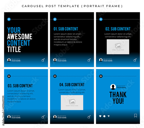 Carousel post template for social media. Microblog style, six page, portrait frame, modern simple minimalist style with black and sky blue color theme.
