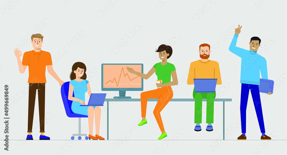 Business people teamwork, working company staff in office with computers. Vector illustration isolated on light gray background. Сartoon flat characters.