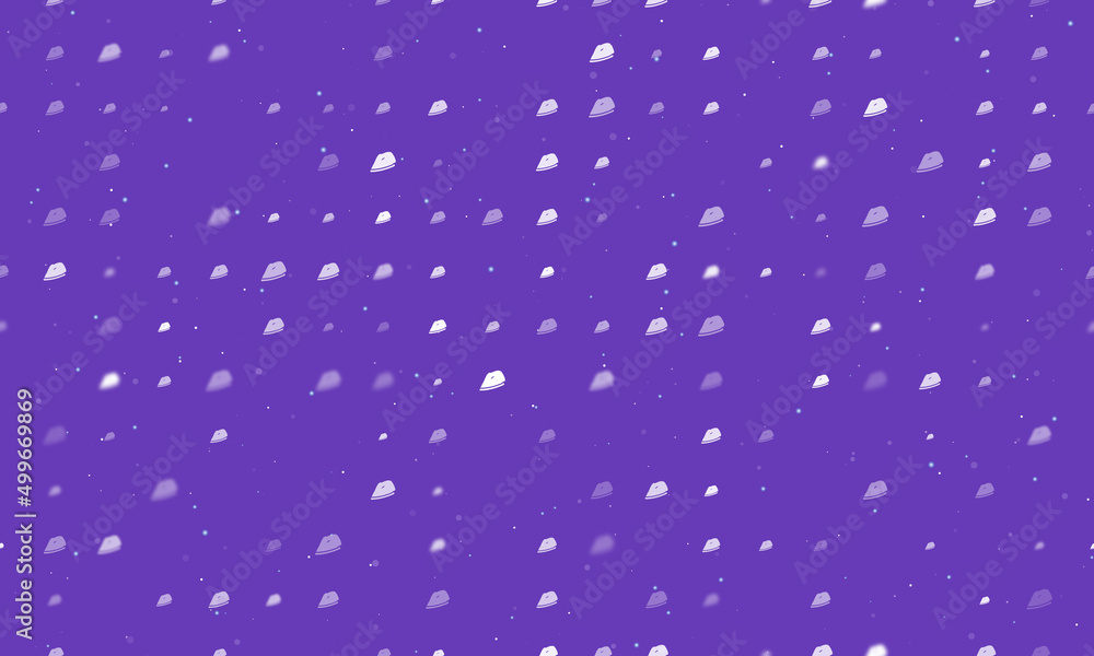 Seamless background pattern of evenly spaced white iron symbols of different sizes and opacity. Vector illustration on deep purple background with stars