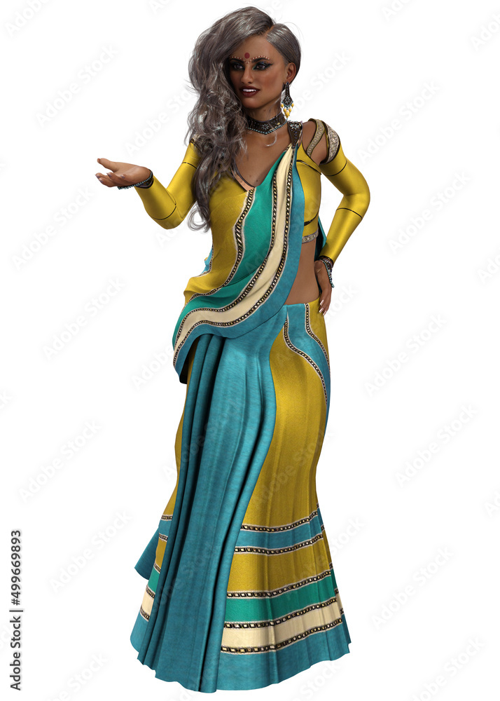 3D Indian girl in yellow saree