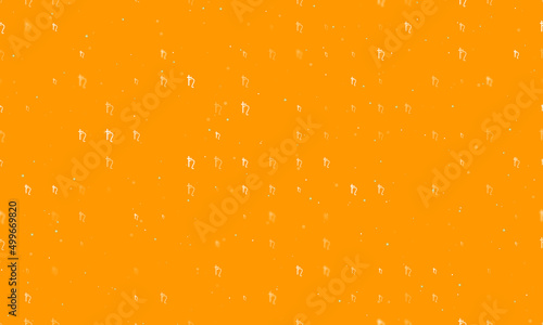 Seamless background pattern of evenly spaced white astrological saturn symbols of different sizes and opacity. Vector illustration on orange background with stars