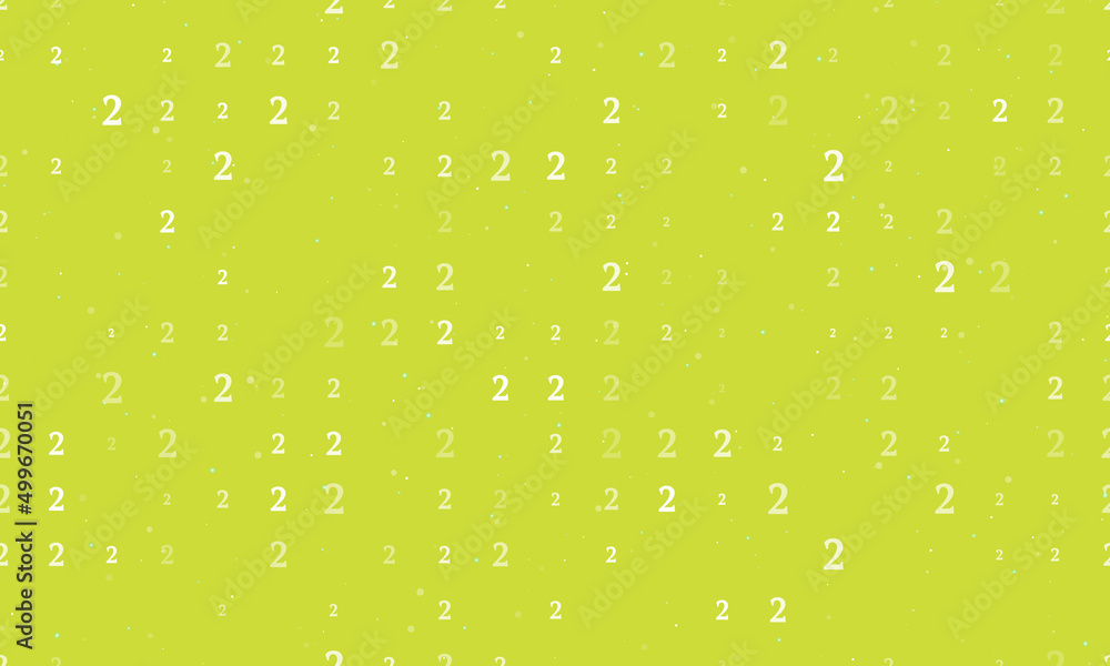 Seamless background pattern of evenly spaced white number two symbols of different sizes and opacity. Vector illustration on lime background with stars