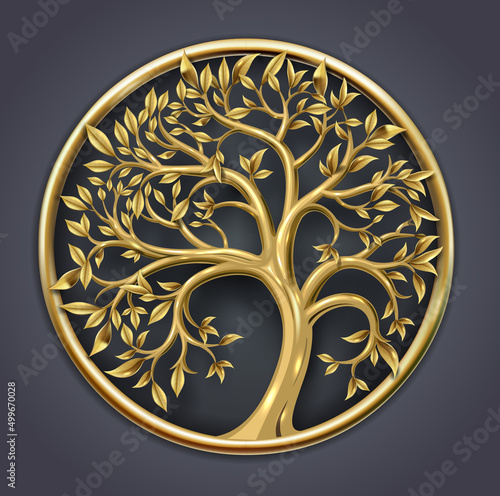 Golden decorative fairy tree round logo emblem