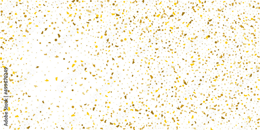 Golden glitter confetti on a white background. Illustration of a drop of shiny particles. Decorative element. Luxury background for your design, cards, invitations, gift, vip.