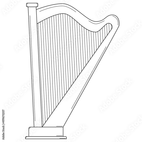 Hand drawn harp. Stringed plucked musical instrument. Doodle style. Vector 