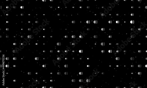 Seamless background pattern of evenly spaced white headlight symbols of different sizes and opacity. Vector illustration on black background with stars