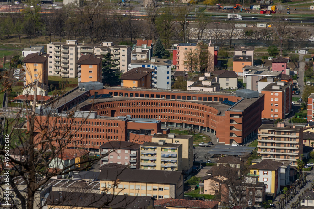 Bellinzona city from high hill over in spring color fresh morning