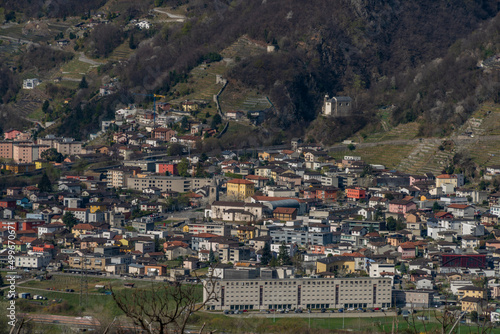 Bellinzona city from high hill over in spring color fresh morning