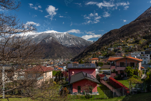 Bellinzona city from high hill over in spring color fresh morning