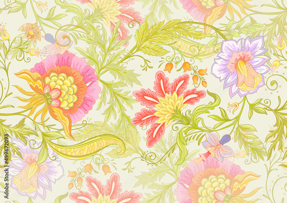 Fantasy flowers in retro, vintage, jacobean embroidery style. Seamless pattern, background. Vector illustration.
