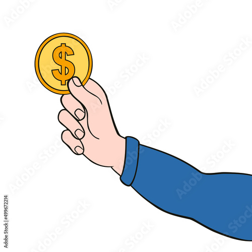 hand holding a gold coin, close-up, cartoon, on a white background