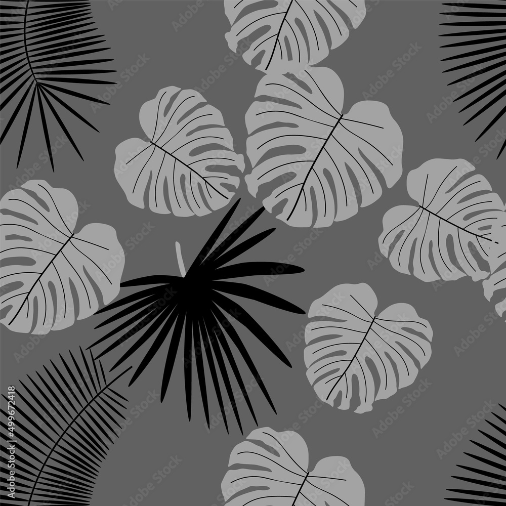 Abstract monochrome background from leaves. Beautiful seamless paper art illustration with tropical palm leaves background. Leaf pattern. Natural flower pattern.