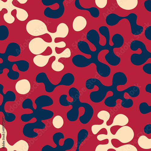 Patriotic red, white and blue organic and flowing blobs in repeating background. Inspired by groovy 1970s psychedelic art and lava lamps.
