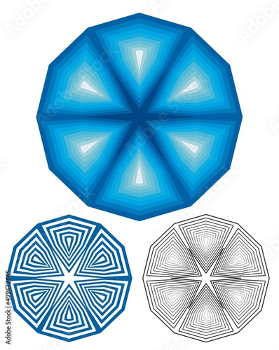 Blue emblem or logo design with six elements, and twelve sides.