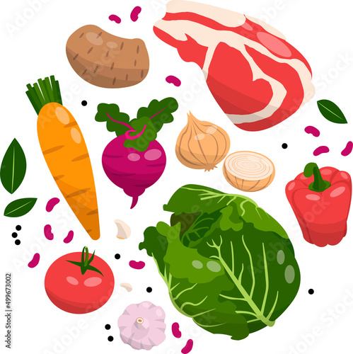 Borsch set of Ukrainian cuisine. Flat design vector illustration of beetroot, onion, cabbage, carrot, bell pepper, garlic, beef, potato, garlic, tomato, bean on white background